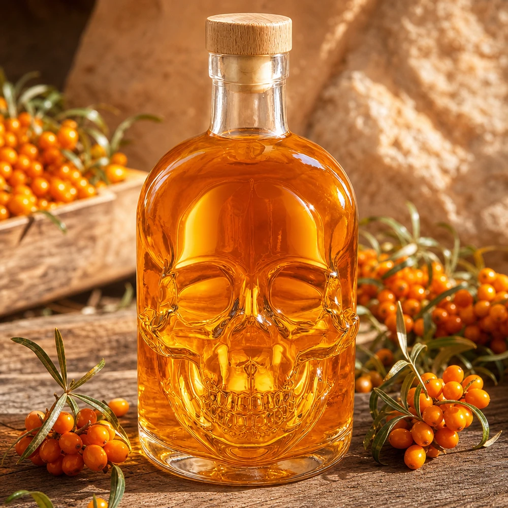 Glasflasche Jack 500ml Totenkopf-Design mit bernsteinfarbener Flüssigkeit und Sanddornbeeren auf Holzuntergrund