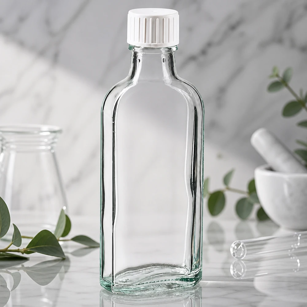 100 ml Meplat klar Schraubverschluss mit Giessring Schmale 100ml Glasflasche Meplat-Form klar mit gerilltem Weißdeckel und Ausgießer