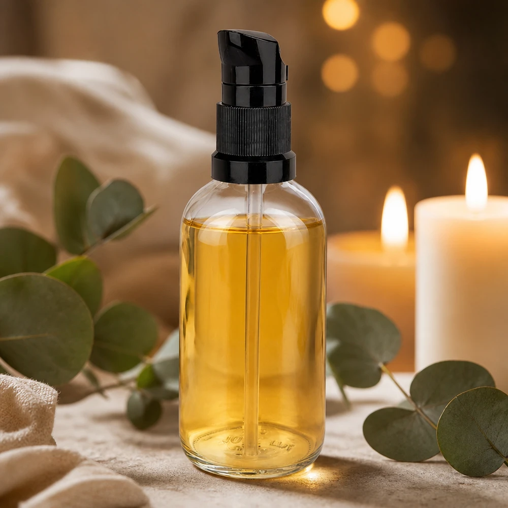 Flacone a pompa da 100 ml nero STD ClearLine UT18/100 Flacone in vetro trasparente da 100 ml con dosatore nero, olio giallo dorato all’eucalipto, Spa Ambiente