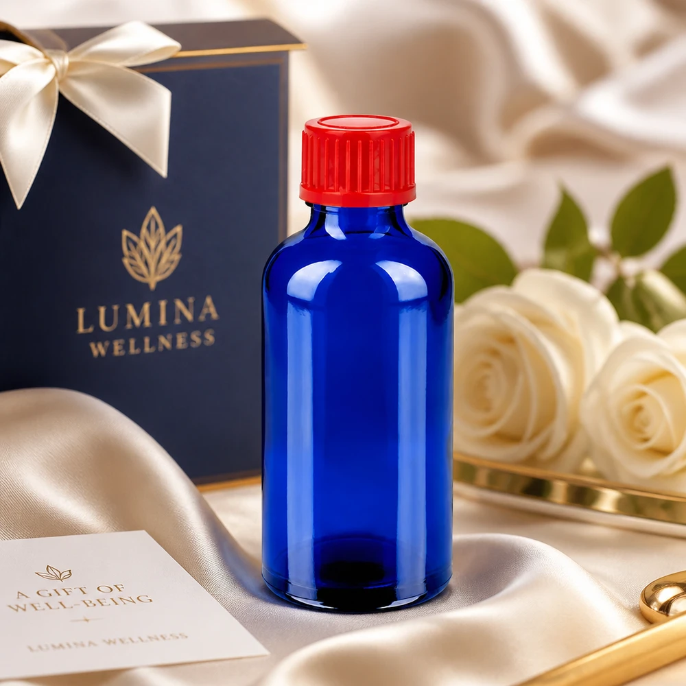 Bottiglia di protezione dalla luce 50ml serie BlueLine con sistema di chiusura rosso a prova di perdite UT18/50
