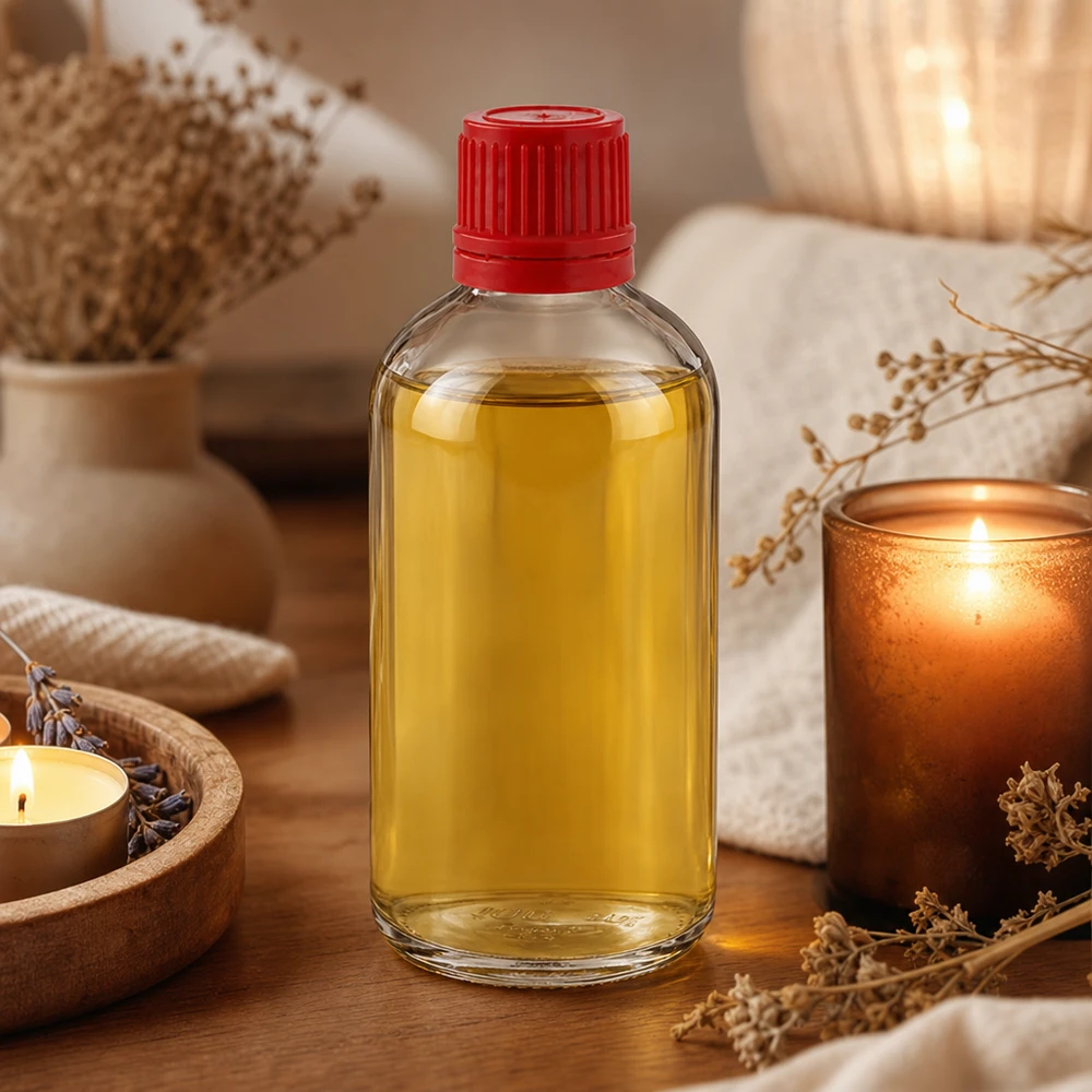Flacone in vetro ClearLine da 100 ml con olio giallo e tappo di sicurezza rosso in un ambiente da spa