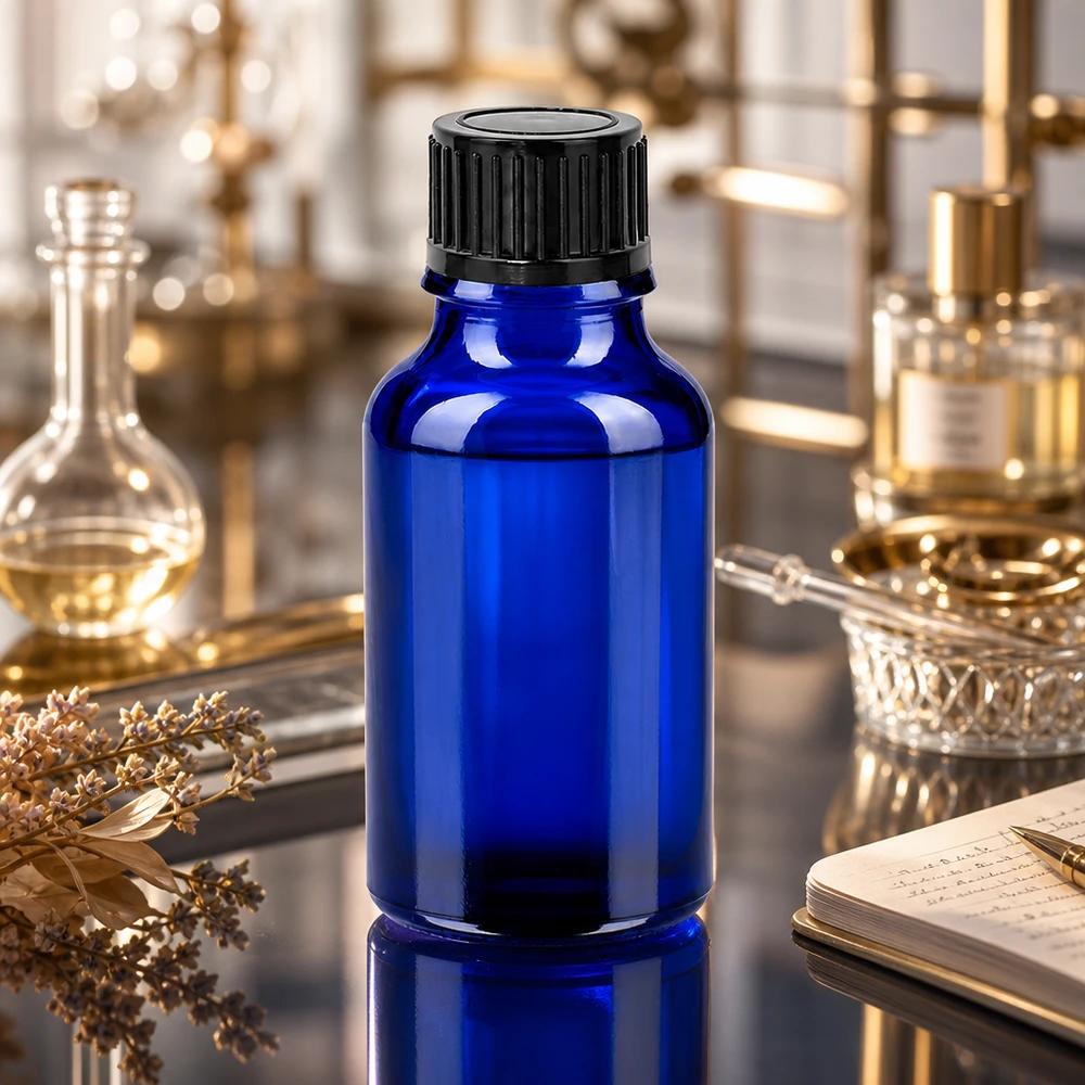 Bottiglia da 20ml 11mm SV nero STD BlueLine UT18/20 Elegante flacone da 20 ml in blu intenso con coperchio nero opaco per una presentazione elegante del prodotto