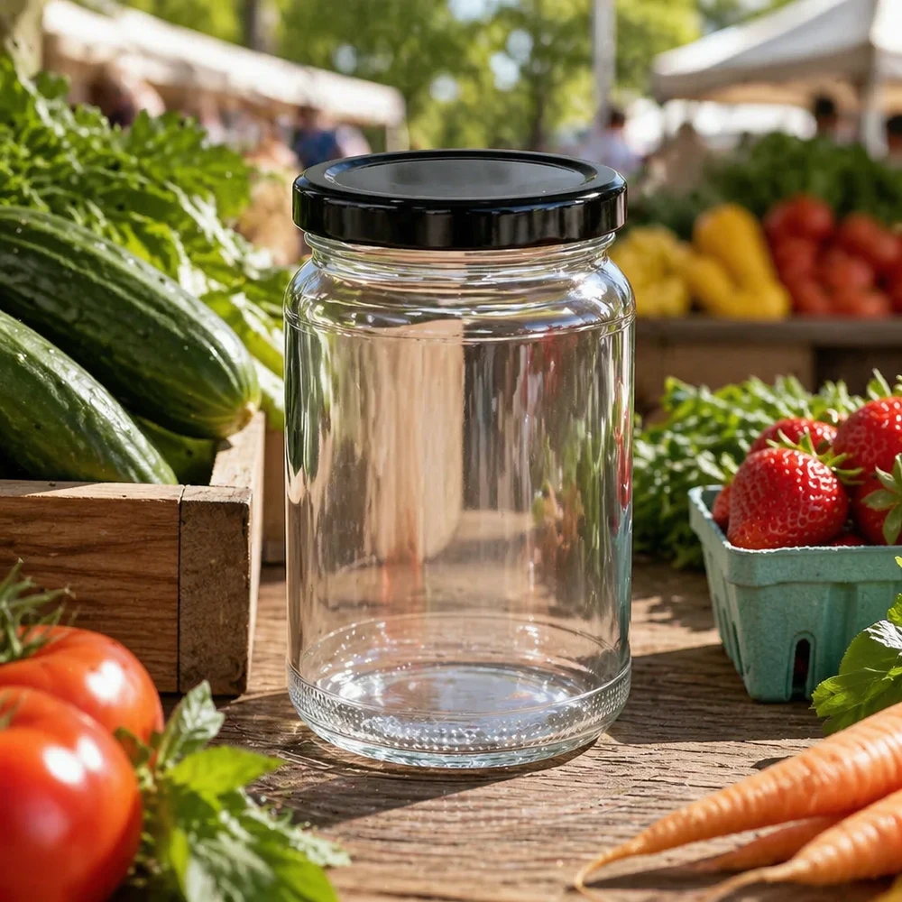 UNiTWIST barattolo rotondo 110ml con coperchio nero TO48 su bancarella tra frutta e verdura fresche