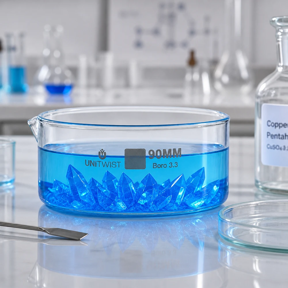 Cristallisoir ø90mm verre borosilicaté UNiTWIST Coupelle de cristallisation UNiTWIST 90 mm contenant des cristaux bleus de sulfate de cuivre, en verre borosilicaté de laboratoire