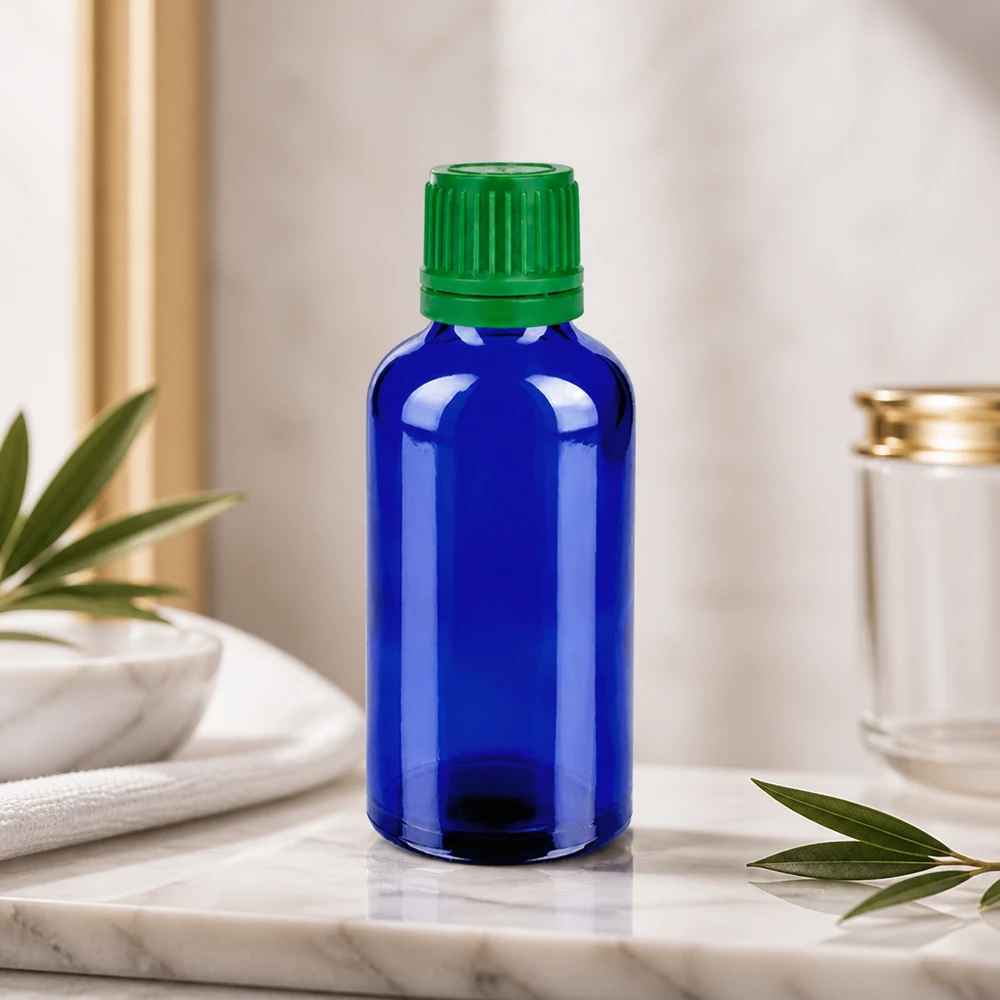 Bottiglia da laboratorio professionale da 50 ml in vetro blu con protezione UV e tappo di sicurezza