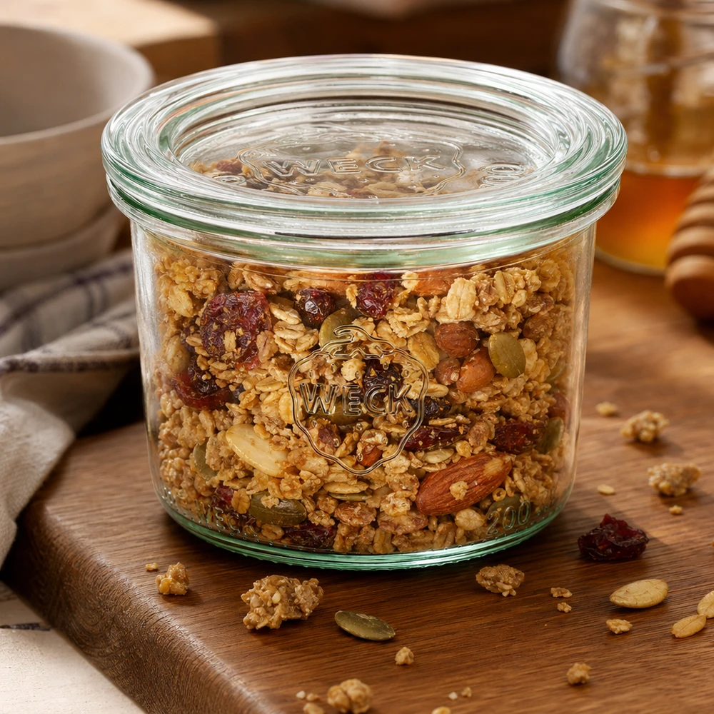 200ml Sturzglas mit Glasdeckel WECK RR80 WECK Sturzglas 200ml RR80 gefüllt mit Müsli und Nüssen auf Holzbrett zeigt praktische Aufbewahrung von Lebensmitteln
