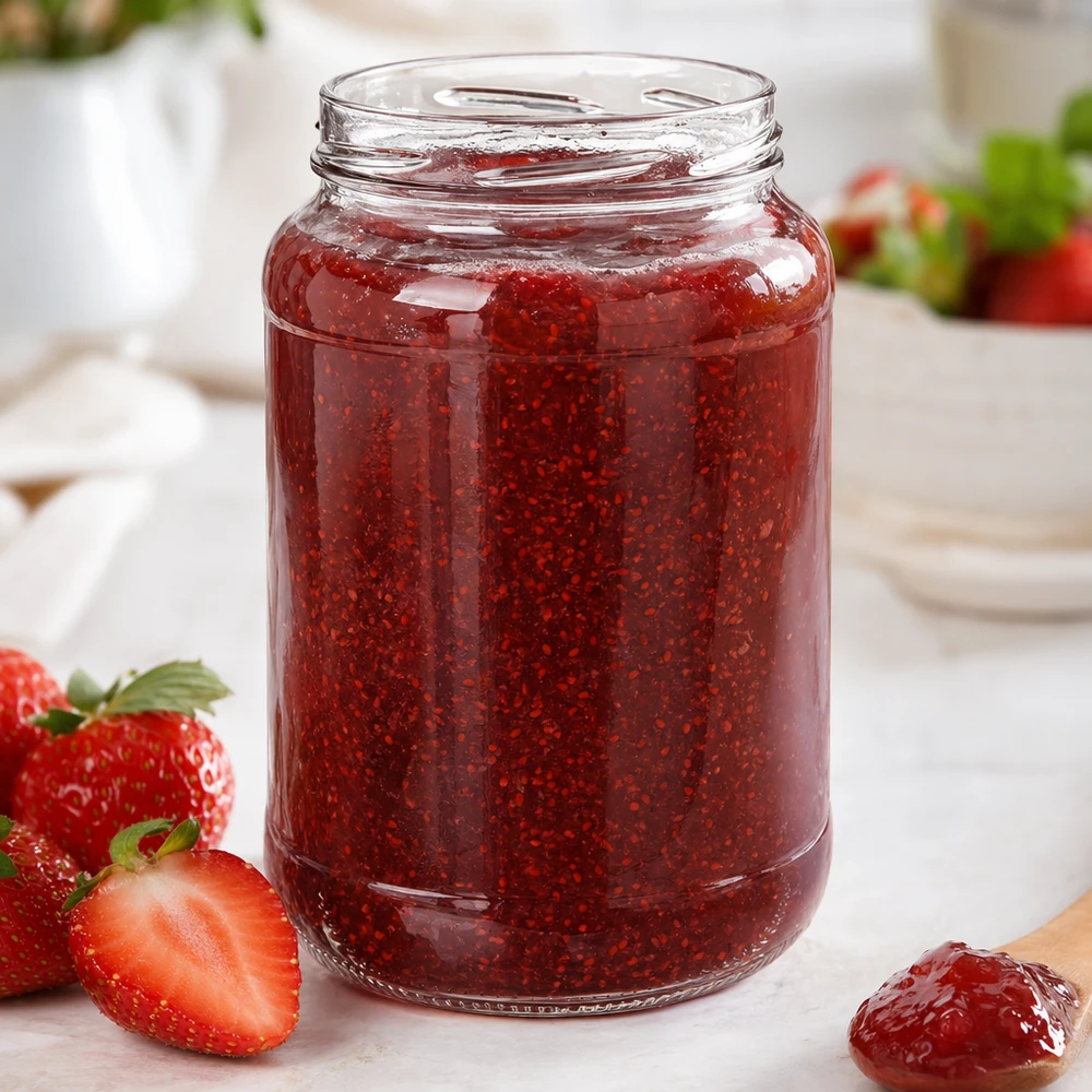 UNiTWIST Runda1700 tumbler 1700ml TO100 con marmellata di fragole fatta in casa fragole fresche colazione tavolo bianco