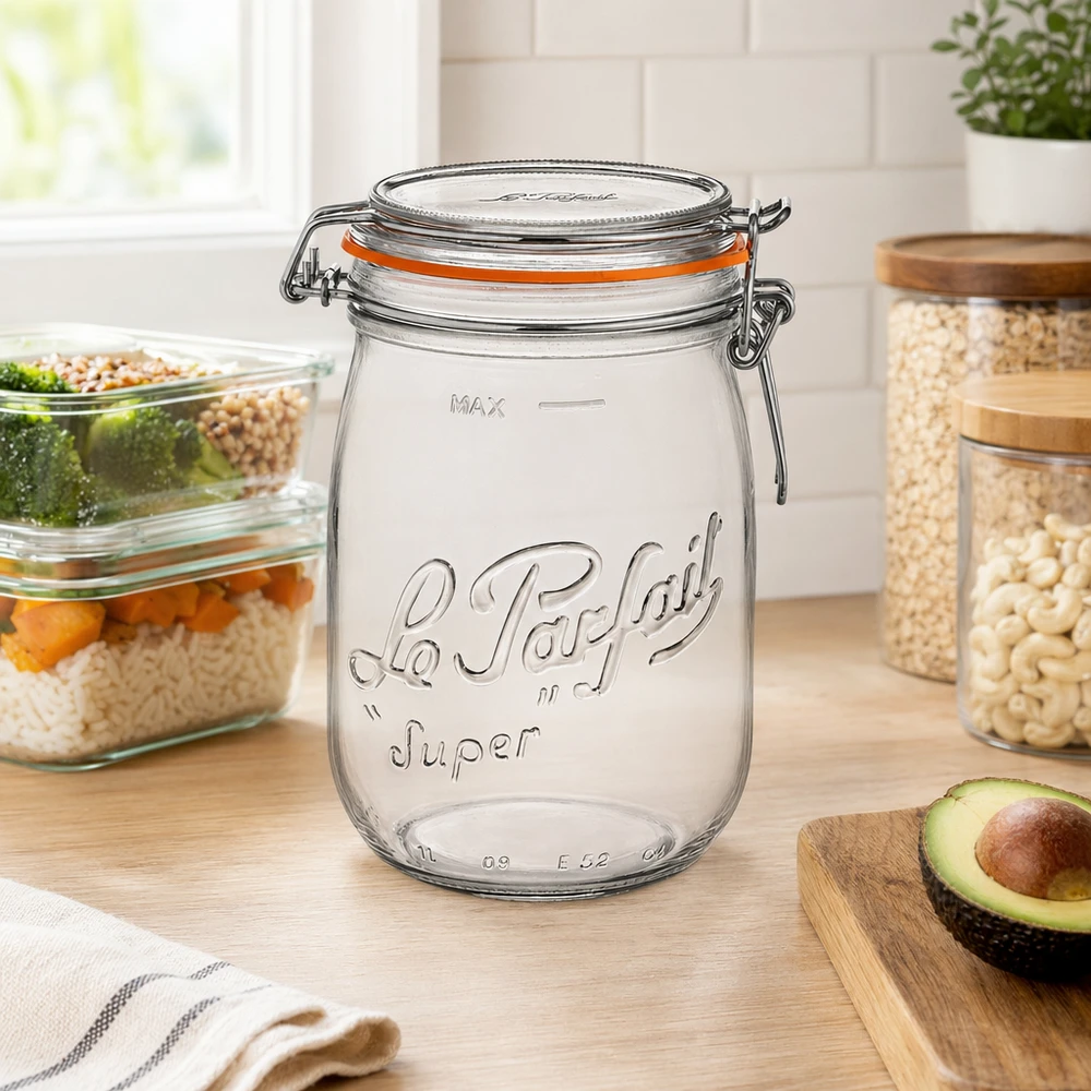 Vasetto Le Parfait® 1 L Ø85 mm conserve 1000ml Le Parfait Super barattolo di conservazione con tappo girevole nelle cucine moderne accanto all'avocado e ad altri contenitori di conservazione