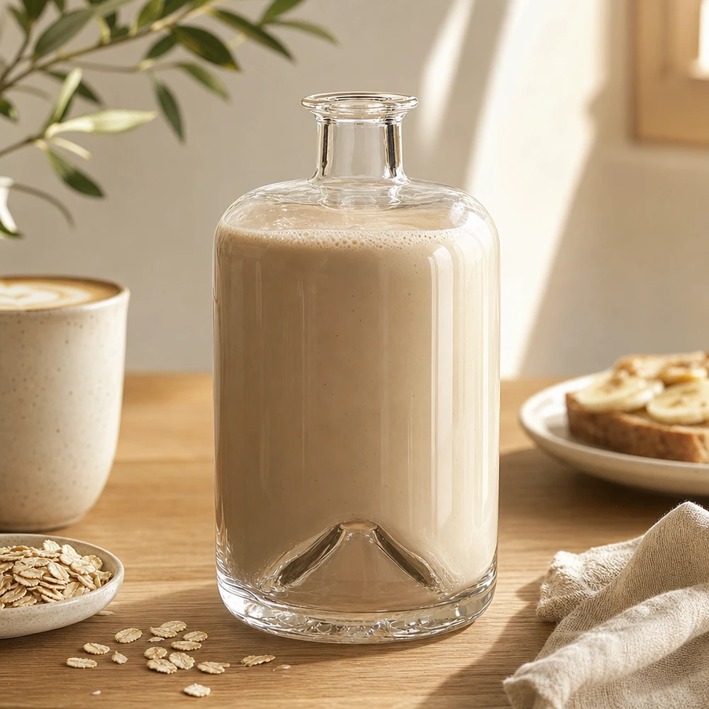 Flacone farmaceutico da 700 ml Sofia senza tappo UNiTWIST® Bottiglia di vetro Sofia da 700 ml riempita di latte d'avena su un tavolo di legno accanto a farina d'avena e tazza di caffè Scatto dello stile di vita