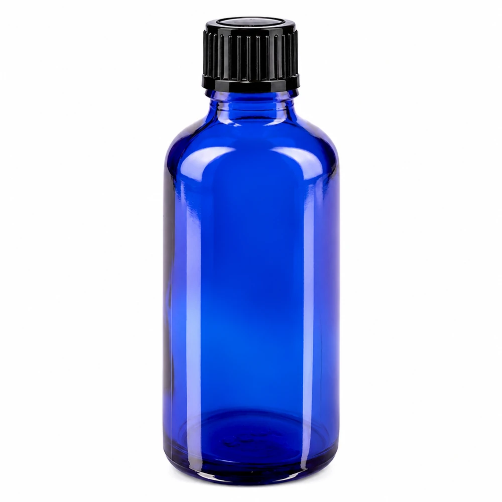 Apothekenflasche blau 50ml Tropfverschluss 1mm schwarz Standard Runde blaue Flasche aus Apothekenglas 50ml mit schwarzem gerilltem Schraubdeckel