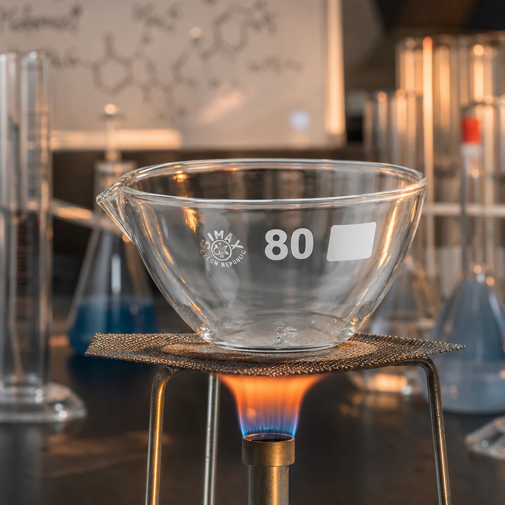 Capsule d’évaporation 90 ml en verre borosilicate, avec bec verseur Cuvette d'évaporation en verre de laboratoire 80mm transparente avec bec verseur pour applications thermiques