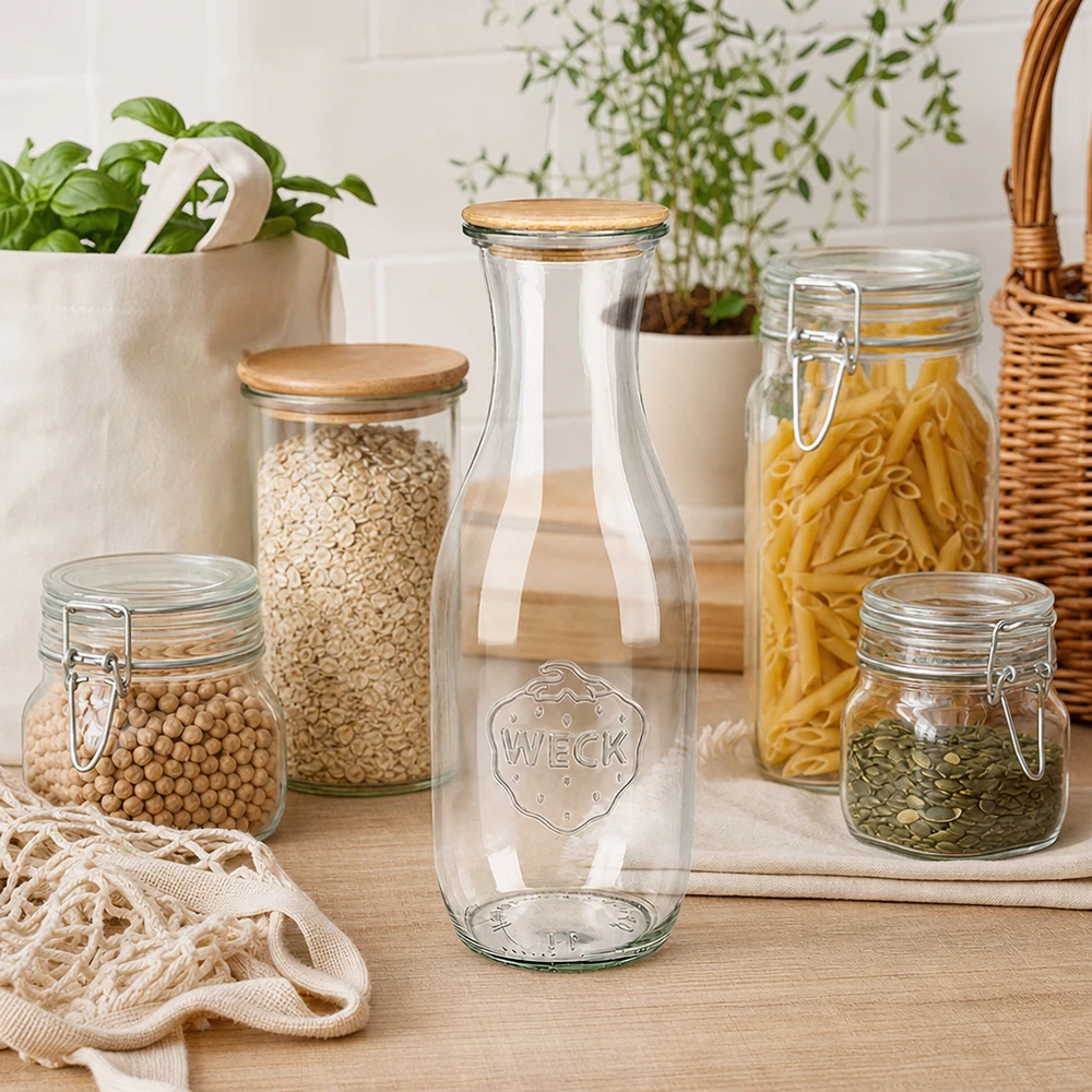 1062ml Saftflasche WECK RR60 mit Holzdeckel WECK Saftflasche 1062ml mit Holzdeckel in Zero-Waste-Küche neben Vorratsgläsern mit Pasta und Hülsenfrüchten