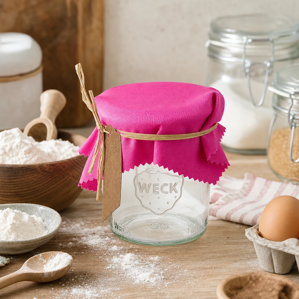 Centrino per gioielli in tessuto rosa 12cm quadrato Centrino decorativo in tessuto rosa 12cm quadrato su barattolo Weck in stile cucina con farina uova e ingredienti da forno ambiente
