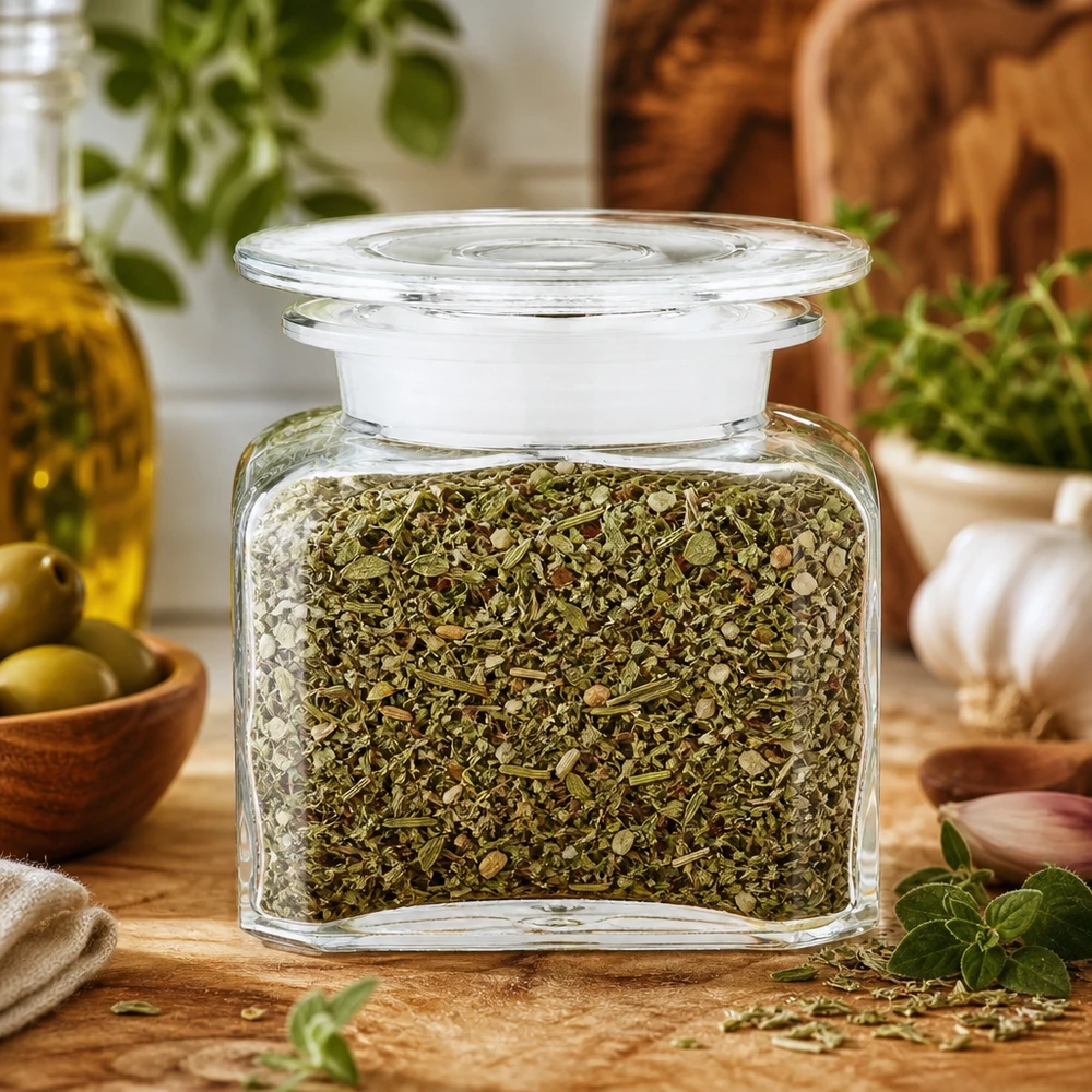 Idea barattolo per spezie: bottiglia da farmacia quadrata da 100 ml a collo largo Elegante contenitore per spezie in vetro quadrato con erbe aromatiche fresche, olio d’oliva e aglio come decorazione