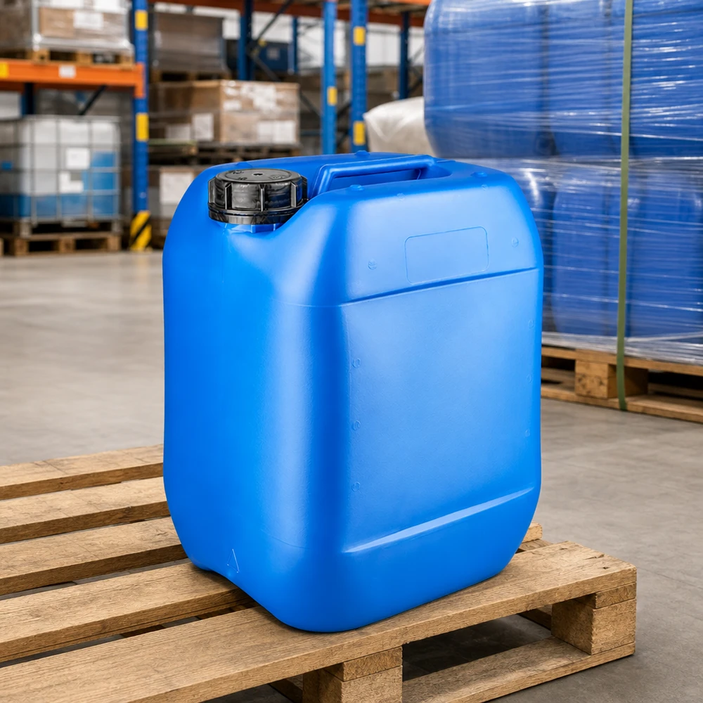 Kanister 10 Liter blau mit Schraubverschluss Originalitätsverschluss Kompakter Flüssigkeitsbehälter 10 Liter blau mit OV Verschluss und Etikettenfeld vorne