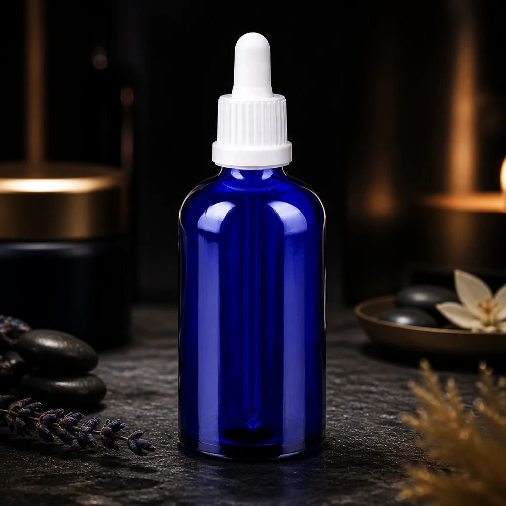 100ml Pipettenflasche weiß Originalitätsverschluss BlueLine UT18/100 Laborflasche 100ml mit Tropfverschluss aus hochwertigem Borosilikatglas in Kobaltblau