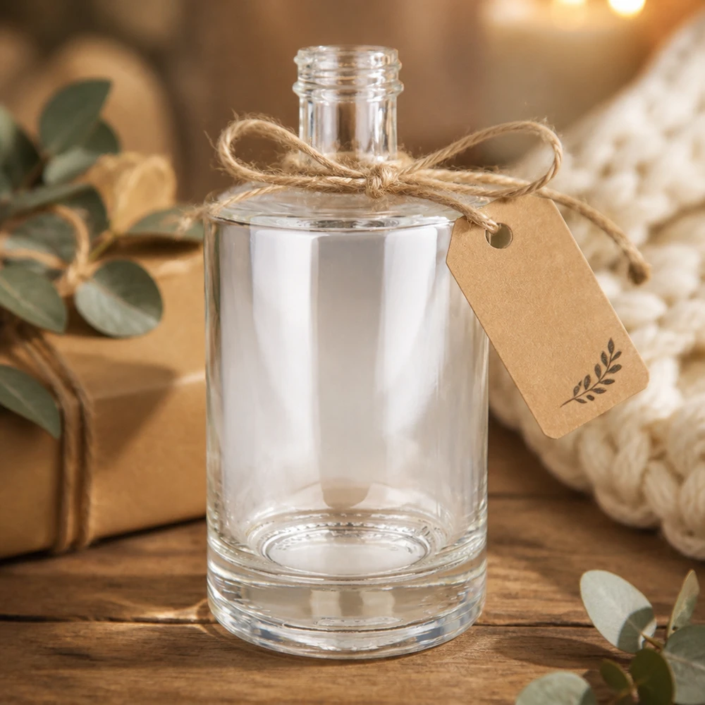 Bottiglia in vetro da 500 ml Sam vuota con etichetta in carta kraft fiocco di iuta confezione regalo rustica base in legno