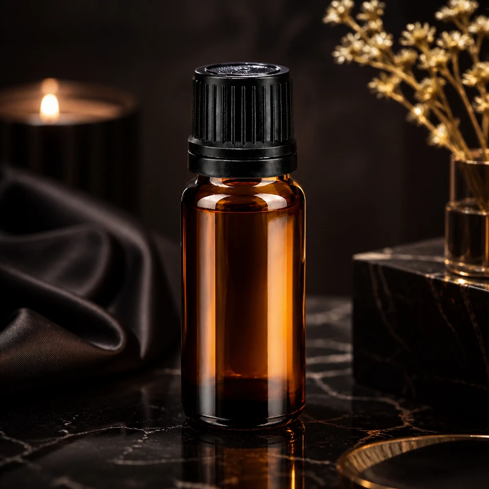 Lichtgeschützte 10ml Apotheker-Tropfflasche braun mit schwarzem Verschluss und goldenem Blumendeko