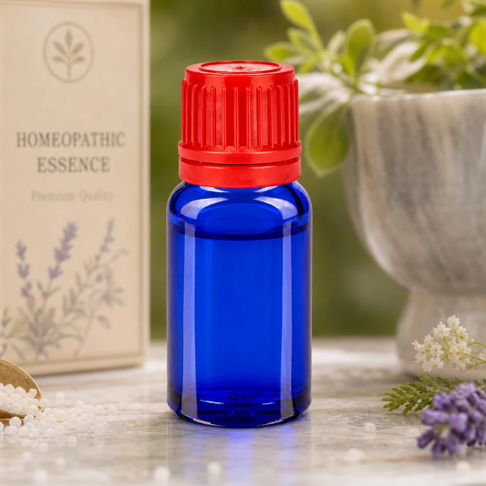 Flacone di precisione da 10 ml blu con tappo dosatore rosso per un dosaggio accurato dei principi attivi