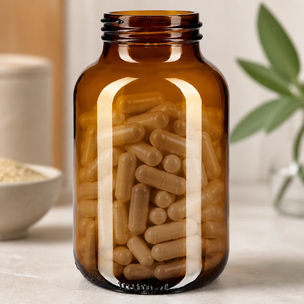 Bocal à col large en verre ambré 1000 ml, goulot DIN 68, sans couvercle Bocal à col large en verre ambré 1000 ml, goulot DIN 68, sans couvercle