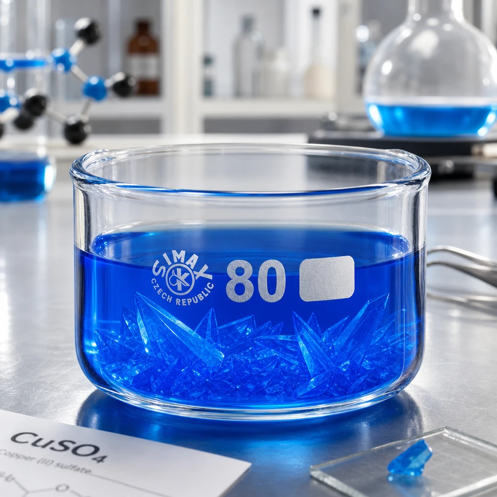 Piatto per cristallizzazione da 150 ml senza beccuccio Bo. ø80mm Cristalli blu di solfato di rame in una vaschetta di cristallizzazione da 150 ml in vetro borosilicato, ø 80 mm, SIMAX