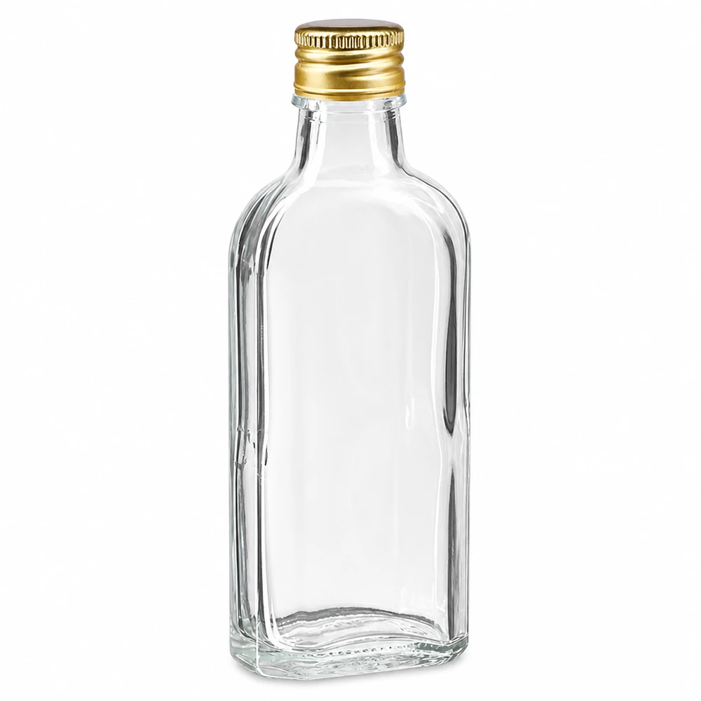 100 ml Meplat klar mit Alu Verschluss gold PP22 Transparente Flachmann Glasflasche 100ml mit goldfarbenem Schraubdeckel PP22 aus Aluminium