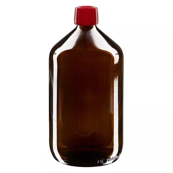 1000ml Medizinflasche braun, Verschluss rot mit Originalitätsring ApoGlas