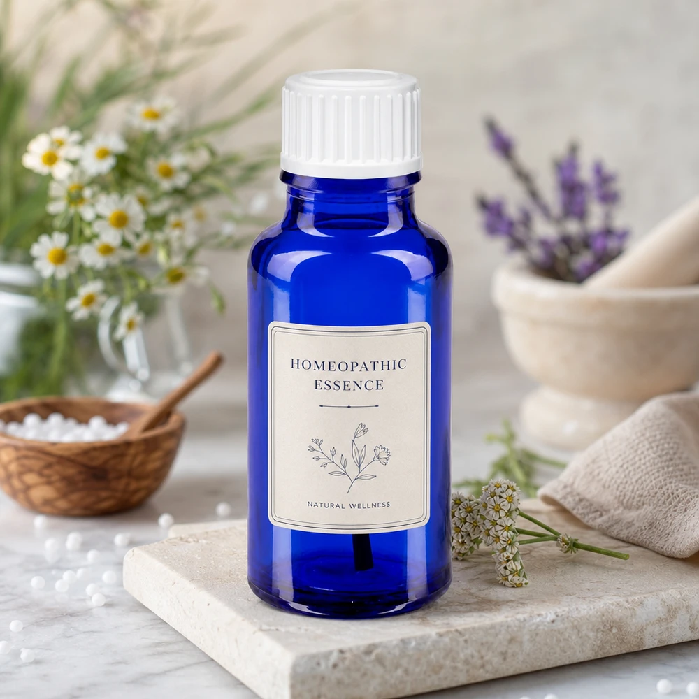 Apothekenflasche blau 20ml Schraubverschluss weiß Pinsel Kobaltblaue 20ml STD Pinselflasche Apothekerglas mit Homöopathieglobuli in Holzschale