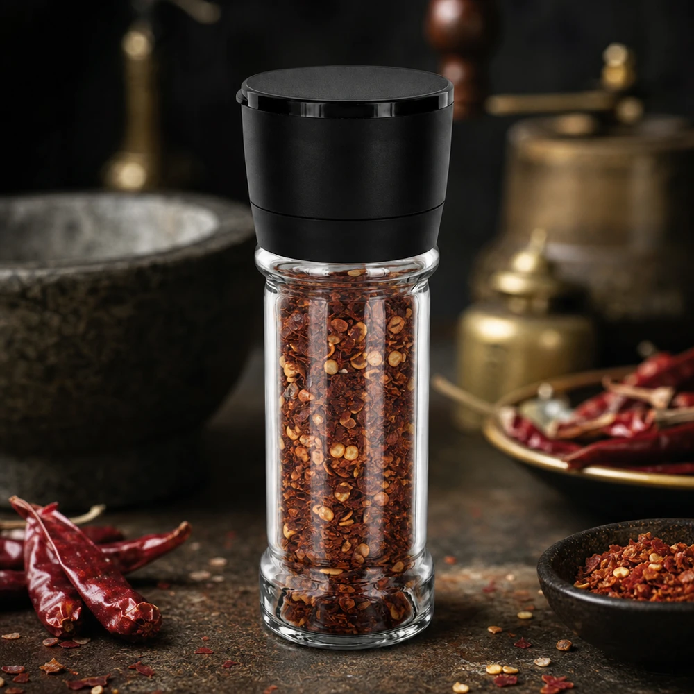 Pot à sel/épices 100 ml avec moulin Vario noir Kompakte Gewürzmühle 100ml mit schwarzer Mühle Vario und scharfen Chiliflocken befüllt