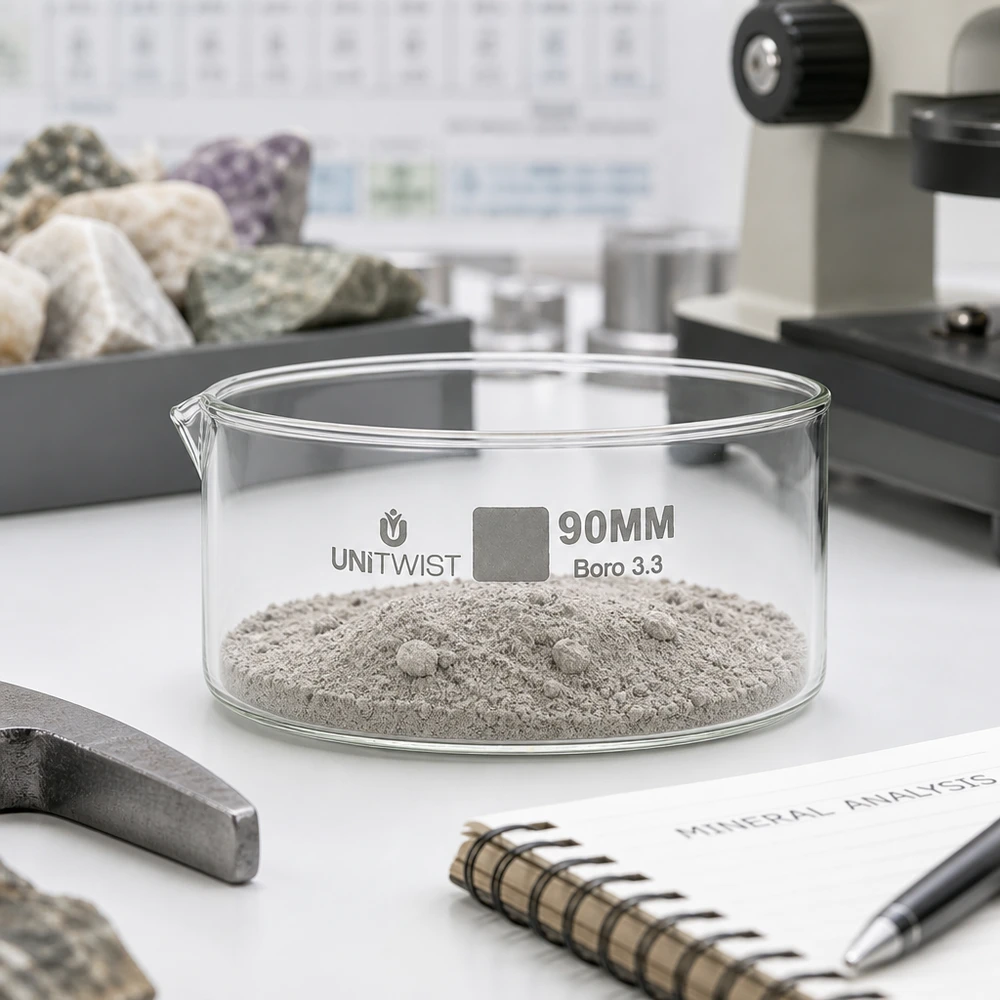 Kristallisierschale ø90mm Borosilikatglas UNiTWIST Niedrige Glasschale 90mm Borosilikat UNiTWIST für Geologie Mineralproben Pulveranalyse
