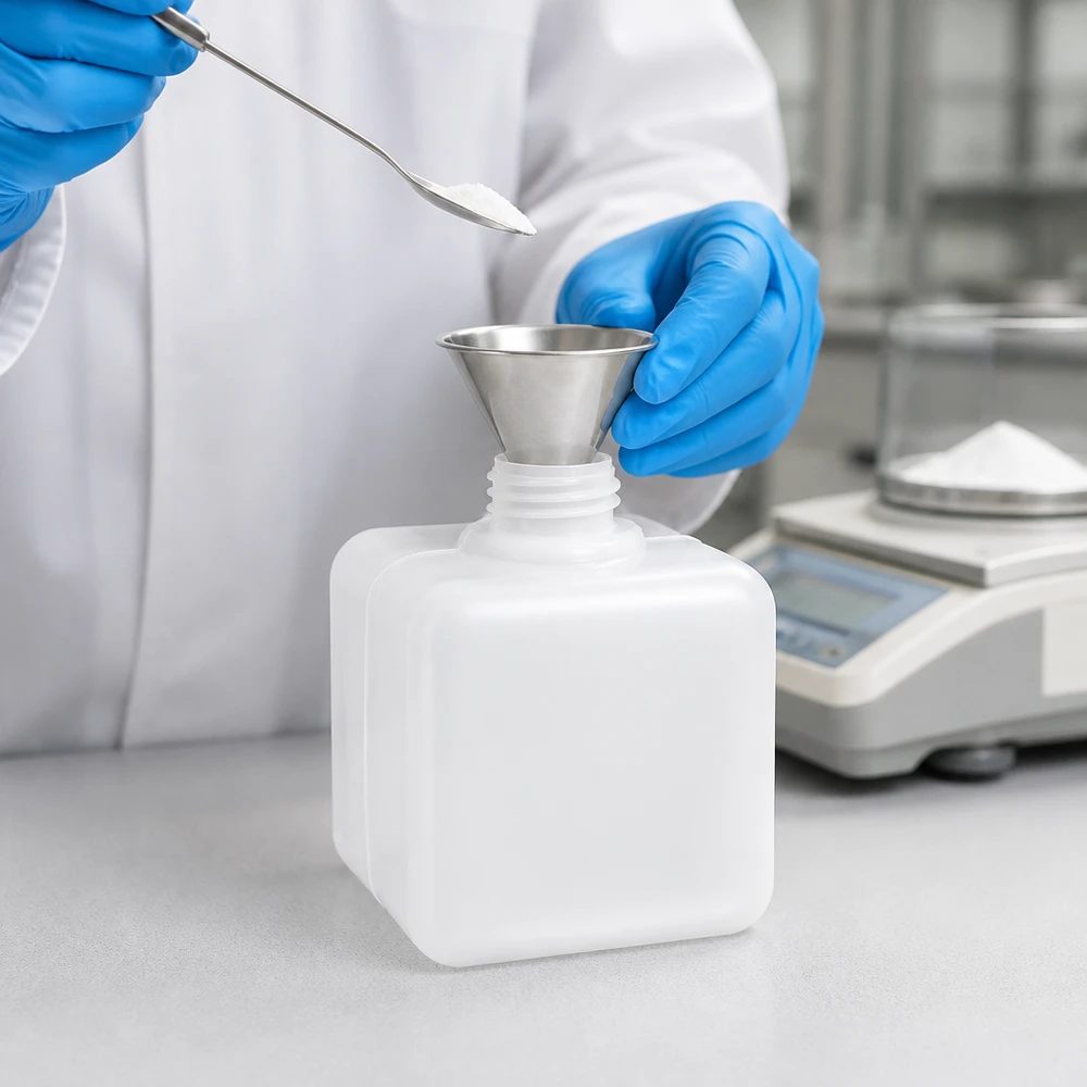 Pesage et remplissage précis d'un flacon de produits chimiques de 500 ml en PE-HD à col étroit GL32
