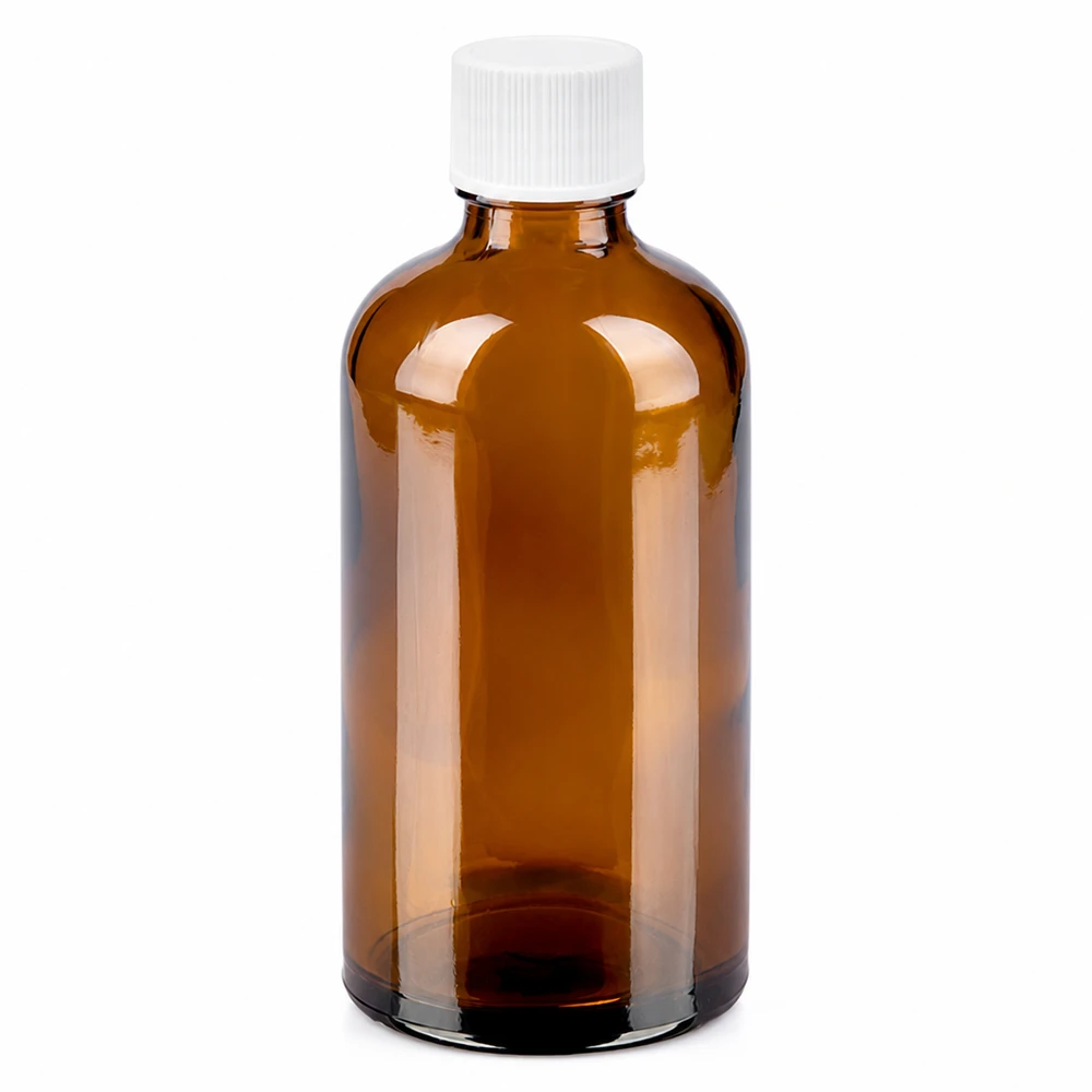 Flacone compatto da 100 ml in vetro ambrato con tappo SV bianco per gocce e tinture