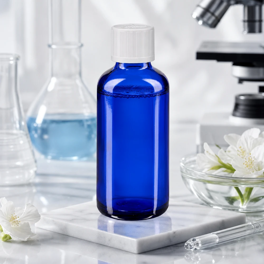 Flacon en verre bleu de 50 ml muni d'un bouchon KiSi, dans un laboratoire, à côté d'un microscope et d'un ballon d'Erlenmeyer
