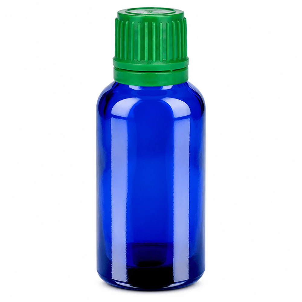 Flacon 30ml 11mm SV vert OV BlueLine UT18/30 Bouteille cylindrique de 30ml en verre bleu avec bouchon SV vert de 11mm