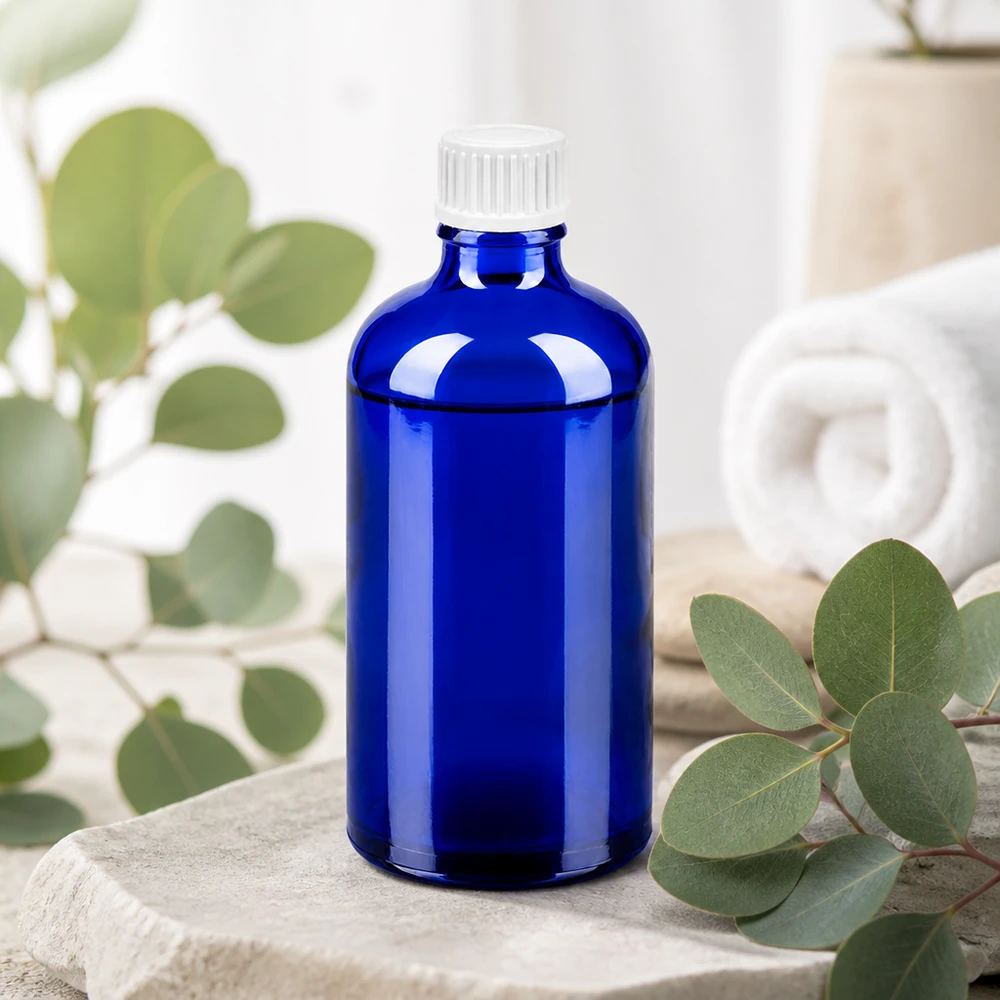 100ml Tropfflasche 0.9mm weiß Standardverschluss BlueLine UT18/100 Elegante blaue Tropfflasche 100ml mit weißem Standardgewinde UT18 für professionelle Anwendung