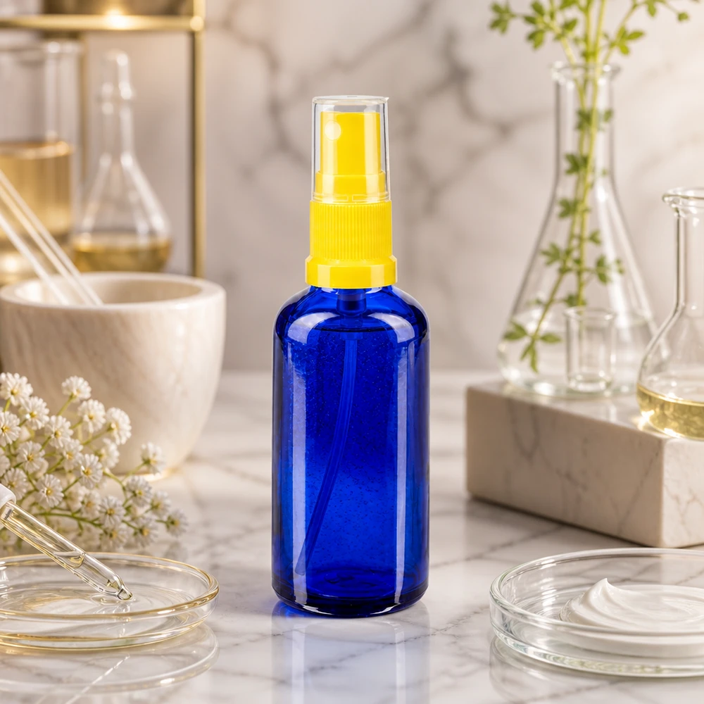Kompakte Blauglasflasche STD 50ml mit gelbem Sprühkopf für Kosmetik und Pharmazie