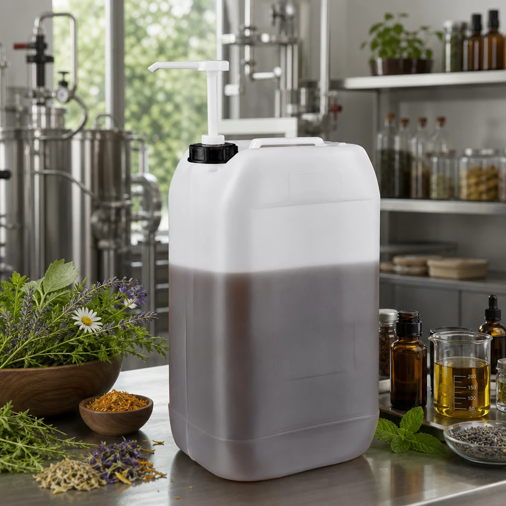 Kanister 15 Liter mit Dosierpumpe Hygienischer Großgebinde-Kanister 15 Liter mit Pumpspender in moderner Naturkosmetik-Manufaktur