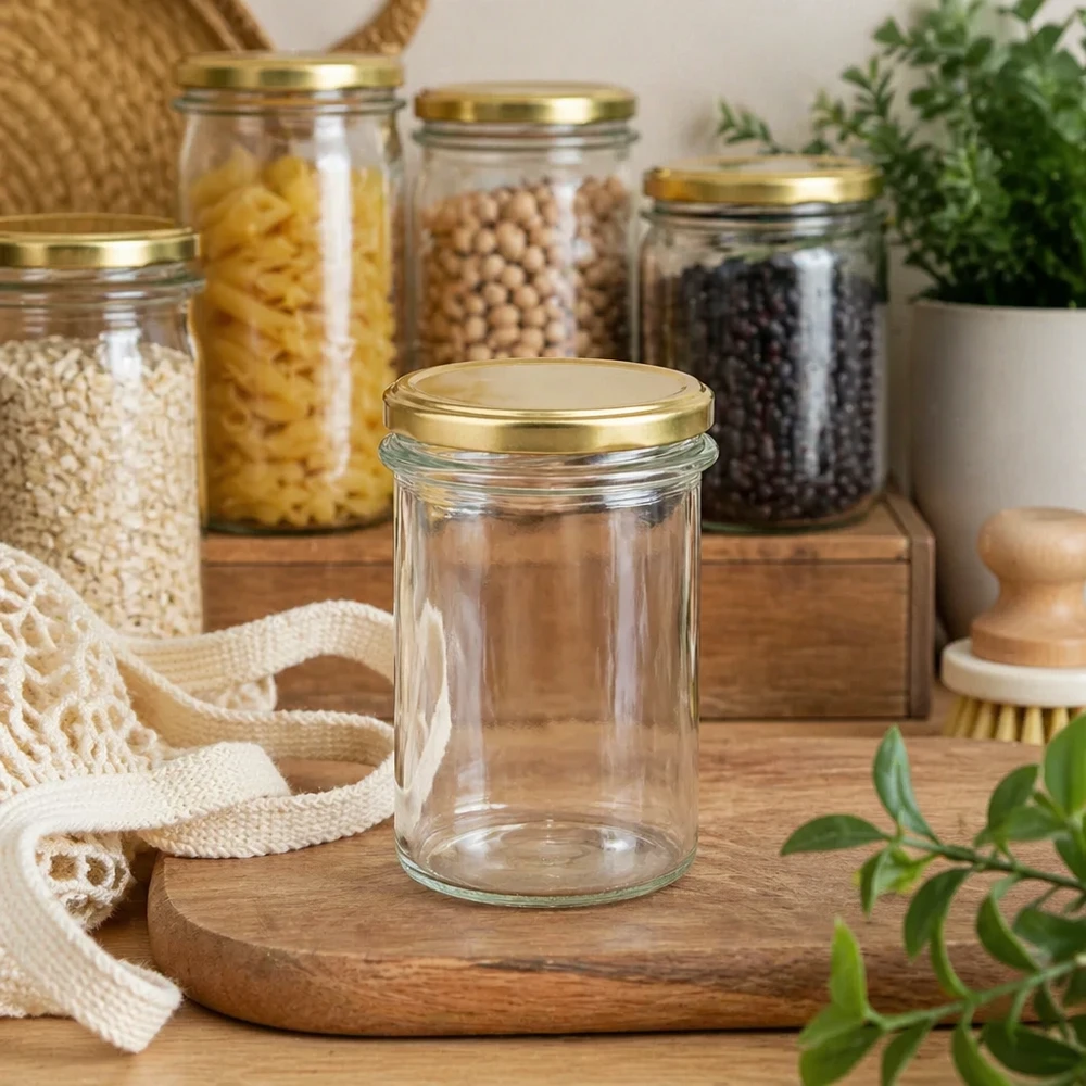 Bicchieri da 230 ml vuoti BasicSeal coperchio oro UNiTWIST in cucina a Rifiuti Zero con vasi di stoccaggio e piante