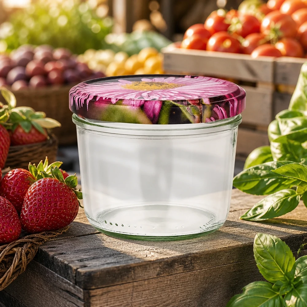 230ml Sturzglas + BasicSeal Deckel Blüten-Dekor UN Sturzglas 230ml mit Blütendeckel auf Holzbrett zwischen frischen Erdbeeren und Gemüse in Marktatmosphäre