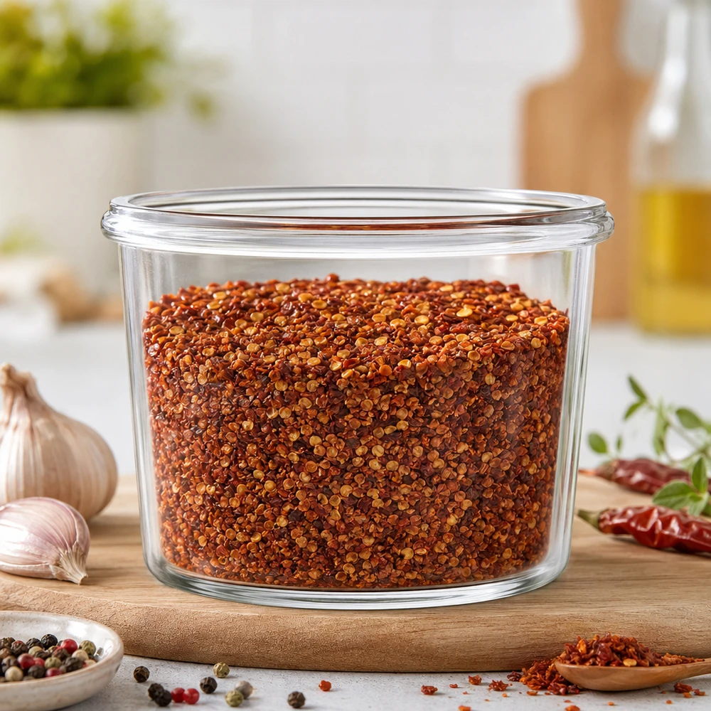 Bocal WECK RR40 de 35 ml WECK Sturzglas 35ml RR40 mit Chili-Gewürzmischung gefüllt in moderner Küche auf Holzbrett