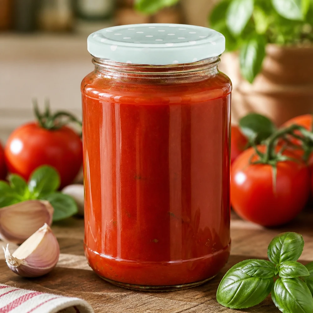 320ml Einmachglas UNiTWIST mit mintgrünem Tupfen-Deckel gefüllt mit roter Tomatensauce