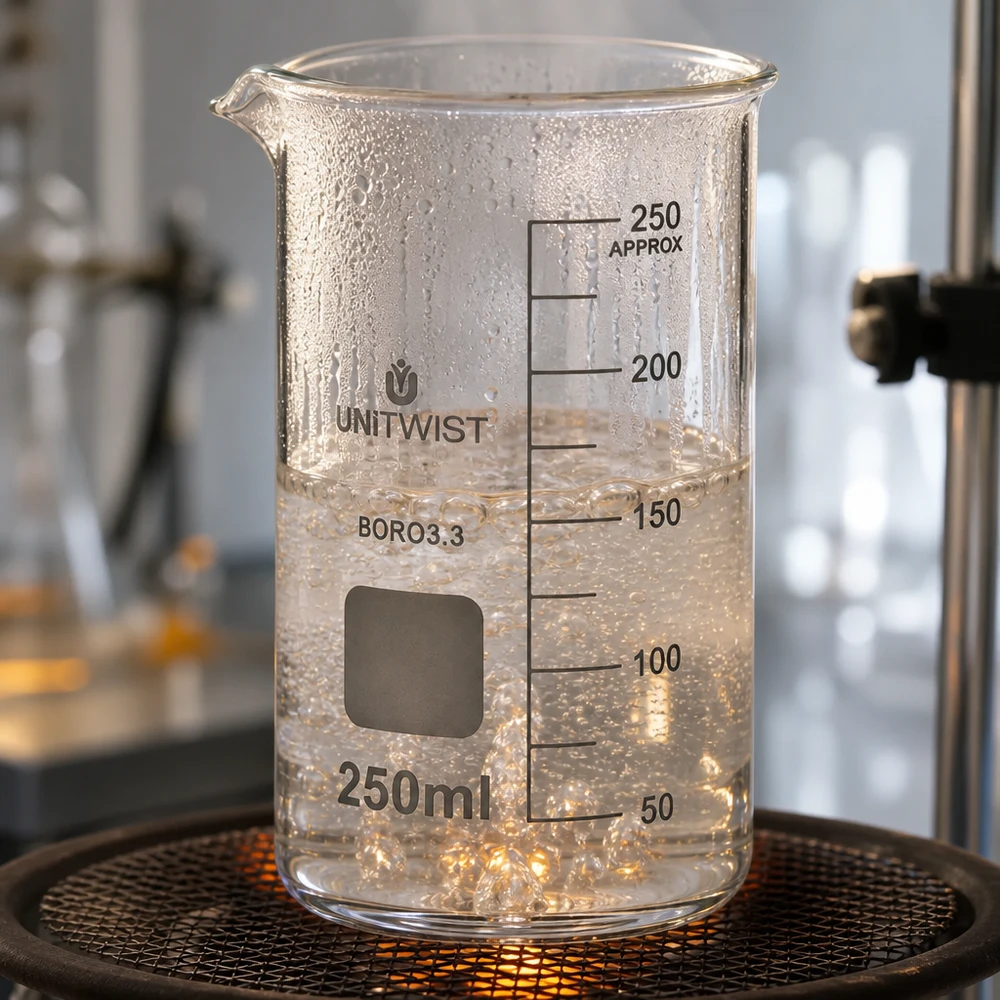 Bicchiere 250ml borosilicato, stampo alto UNITWIST Acqua bollente nel becher UNITWIST da 250 ml, modello alto, riscaldata su una piastra riscaldante