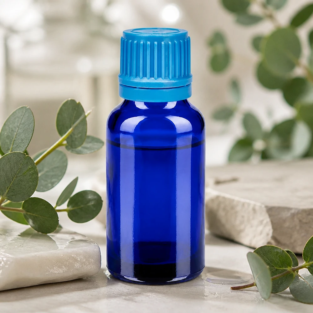 Flacone in vetro di alta qualità da 20 ml con filettatura da 11 mm e tappo a vite a prova di perdite, di colore blu.