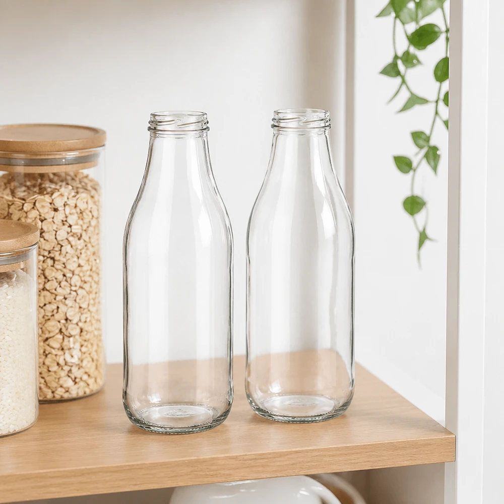 Bottiglie di vetro da 1000ml TO48 UNiTWIST due bottiglie di latte vuote su una mensola di legno in una cucina moderna con vasi di stoccaggio