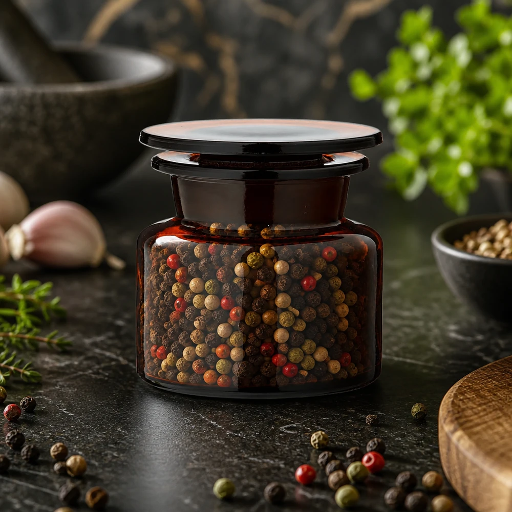 Idea barattolo per spezie: bottiglia da speziale 50 ml in vetro ambrato a collo largo Flacone da farmacia in vetro ambrato da 50 ml con tappo in vetro, contenente pepe rosso, nero e verde