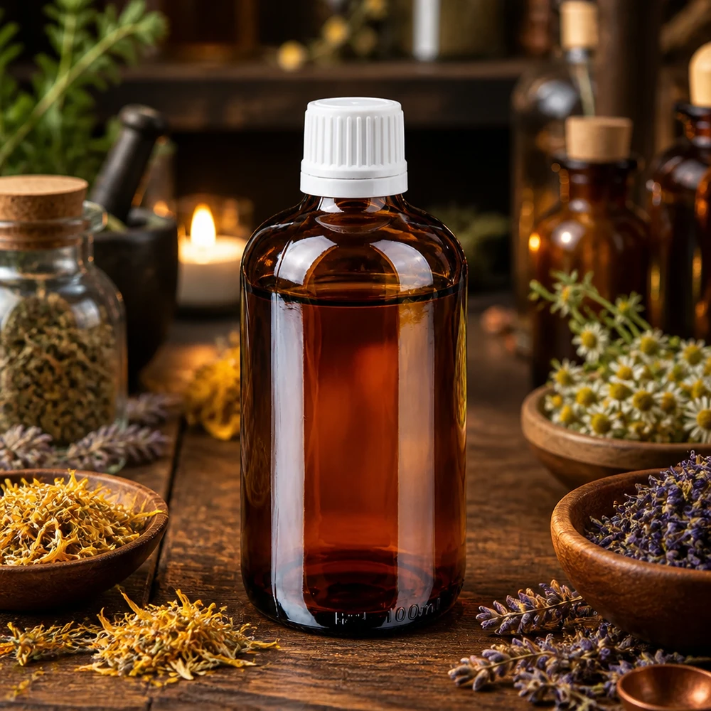 Petite bouteille en verre brun de 100 ml, munie d'un bouchon de sécurité blanc pour enfants, contenant des herbes médicinales séchées
