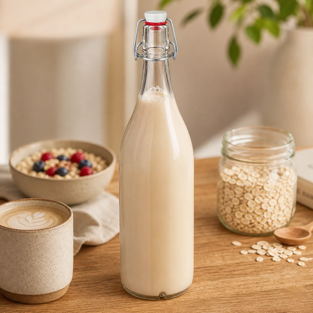Bottiglia di vetro da 1000 ml con tappo girevole riempita di latte d'avena accanto a farina d'avena e ciotola per la colazione su un tavolo di legno