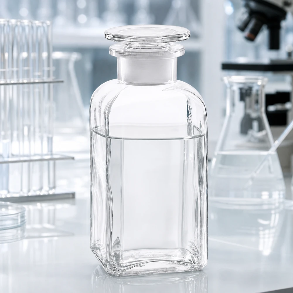 Fiaschetta da laboratorio da 350 ml, a sezione quadrata, a collo largo, con tappo in vetro trasparente, per reagenti chimici
