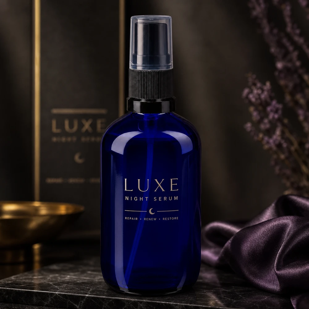 Apothekenflasche blau 100ml Sprayaufsatz schwarz 100ml blaue Apothekerglas Flasche mit Schwarzpumpe neben Goldschale und lila Satinstoff