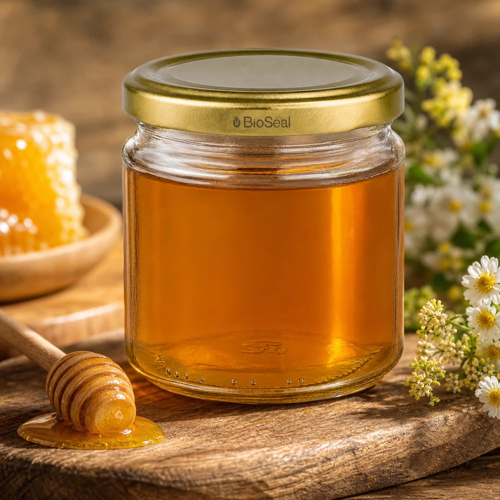 212ml Verre rond avec couvercle BioSeal or UNiTWIST UNiTWIST Pot rond 212ml avec couvercle TO66 BioSeal doré rempli de miel à côté de miel en rayon et de fleurs